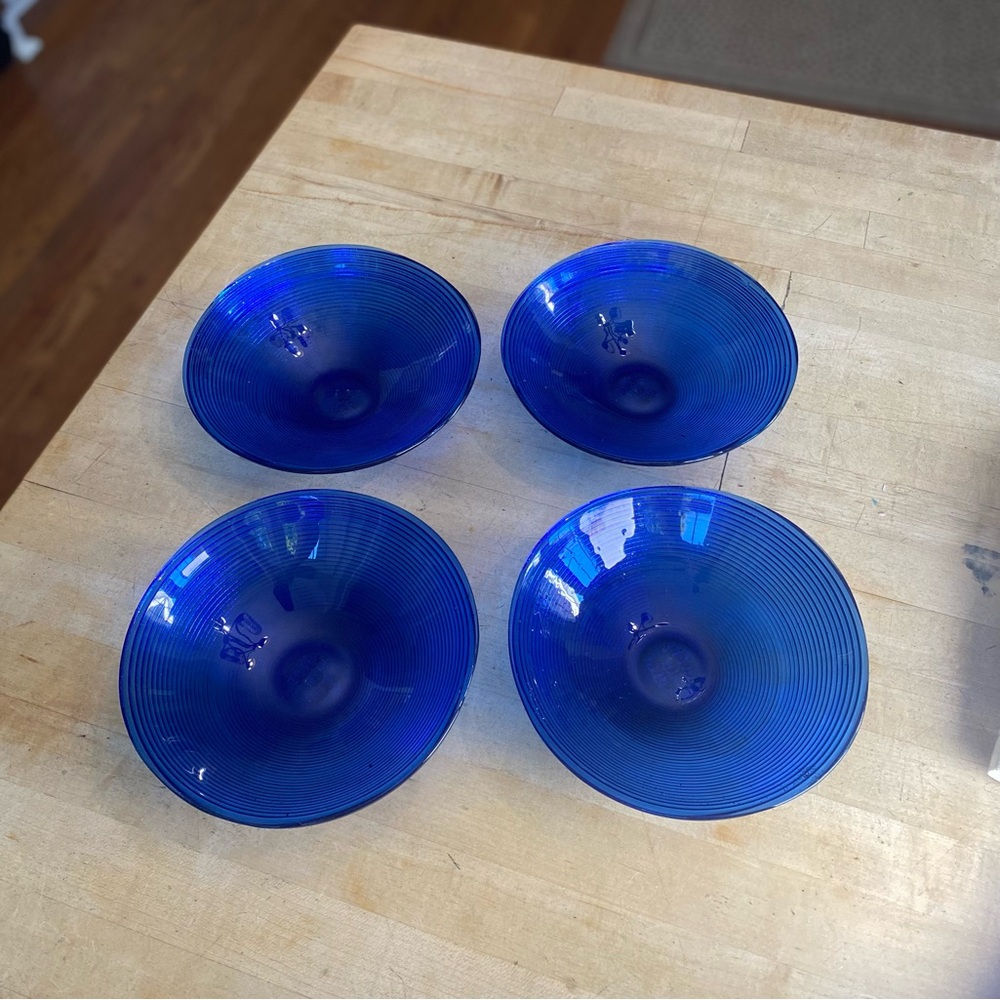 Cobalt Blue Ribbed Bowls Handblown Made in Spain 7-1/2” x 2” Salad Soup Cereal